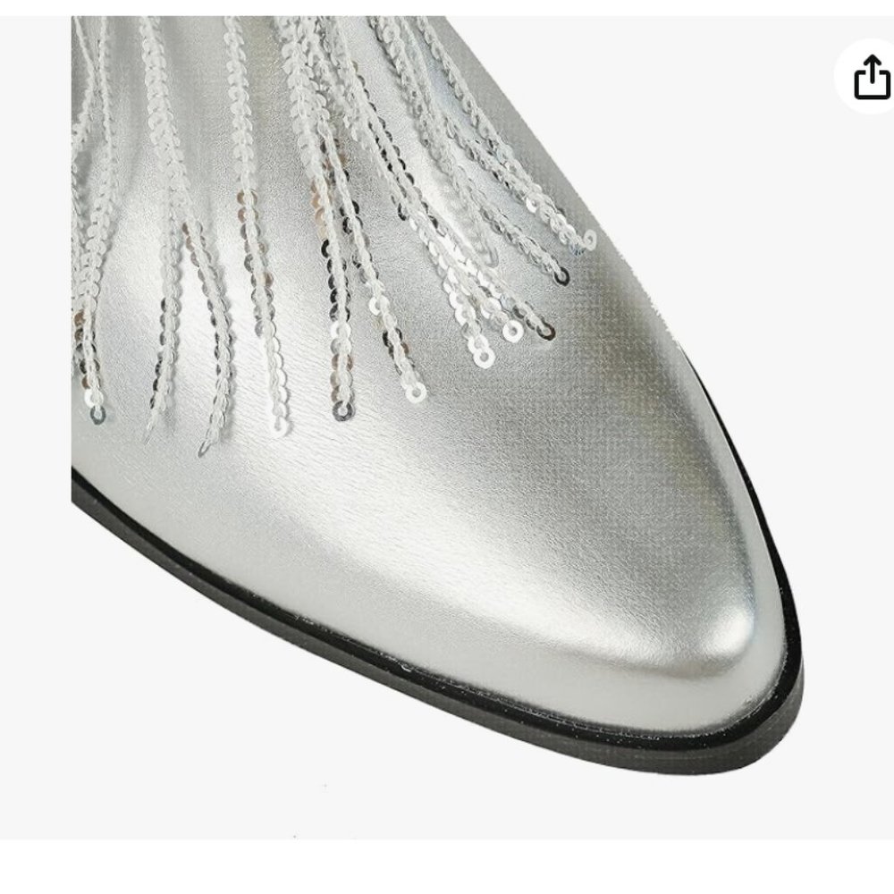 Women's Thick-heeled Western Pointed Silver Tassel and Sequin Booties in Silver - Picture 5 of 6